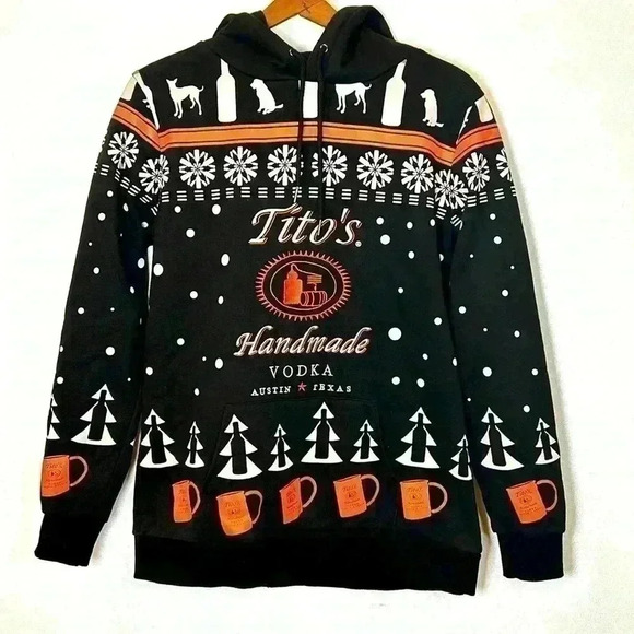 Tito's Sweater Hoodie Medium Vodka Club Holiday Drink Cheers Party Ugly Dog Uni - Picture 1 of 7